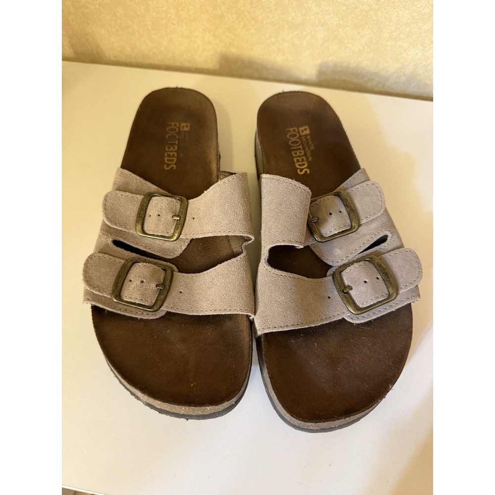 White Mountain Footbeds Helga size 9M Taupe Suede 2-Strap Slide Sandals Leather